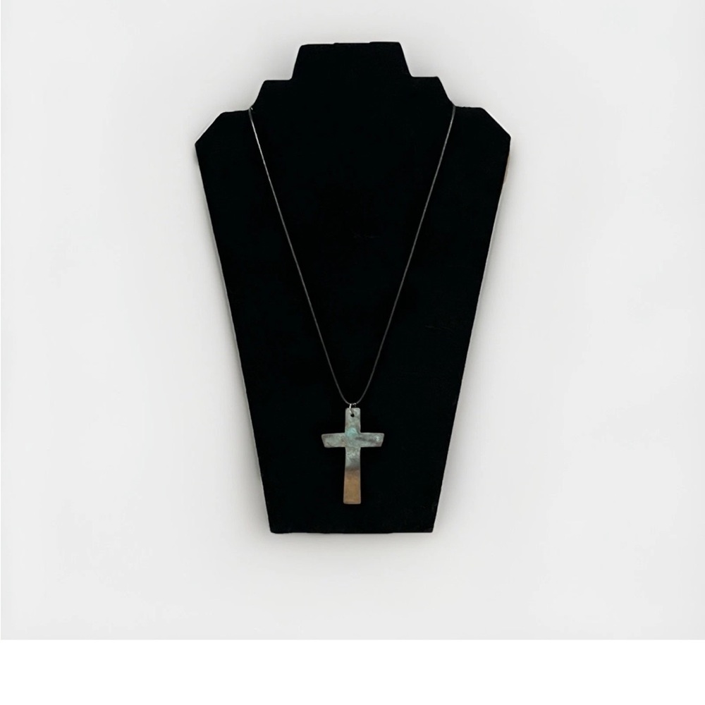 Antique Metal Cross Pendant On Black Leather Cord. Antique Religious Crucifix.
